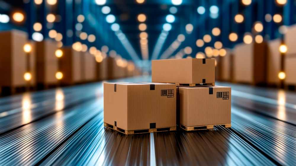 Cajas de cartón sobre línea transportadora en un centro logístico